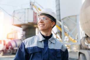 A person wearing safety gear, including a hard hat and goggles, stands outdoors at an industrial site, surveying the area near a potential property line dispute.