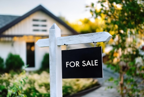 A "For Sale" sign graces a white post in front of a house, with lush greenery and a path to the entrance slightly blurred, quietly hinting at the peace that awaits within—far from any property line disputes.