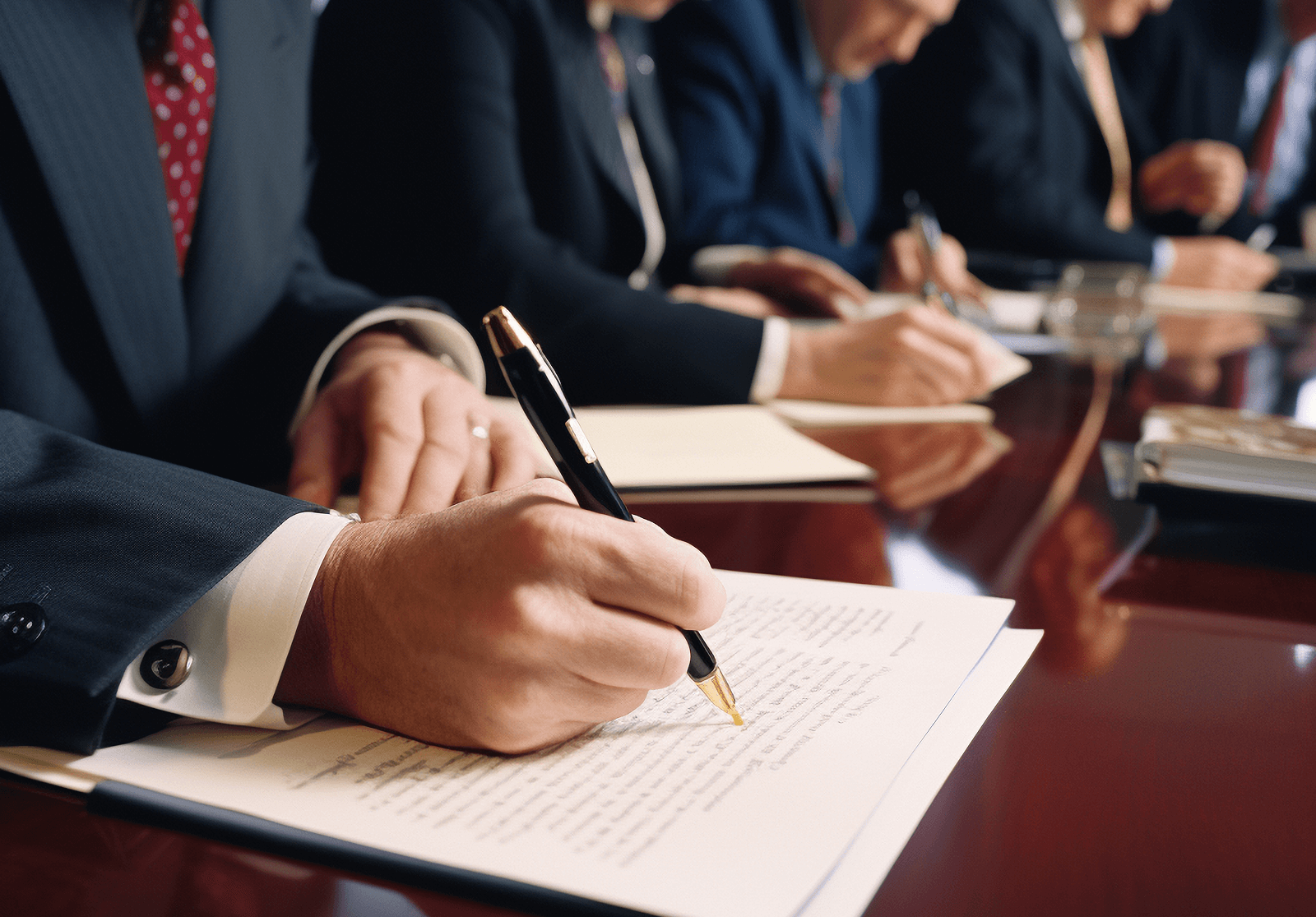 People in suits signing documents at a conference table.