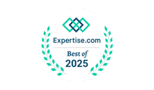 A circular badge with laurel leaves, the text "Expertise.com Best of 2025" in the center, and a geometric logo at the top.