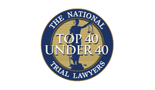 Circular badge with text "The National Trial Lawyers: Top 40 Under 40" surrounding an image of Lady Justice holding scales.