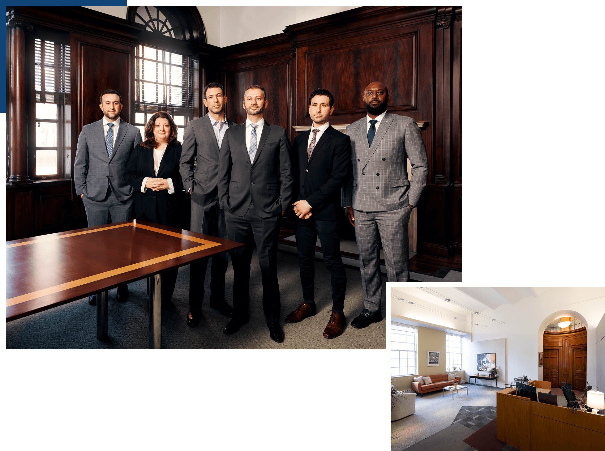 Six people in business attire stand in a wood-paneled office; a smaller inset shows a modern office reception area with seating and a desk.