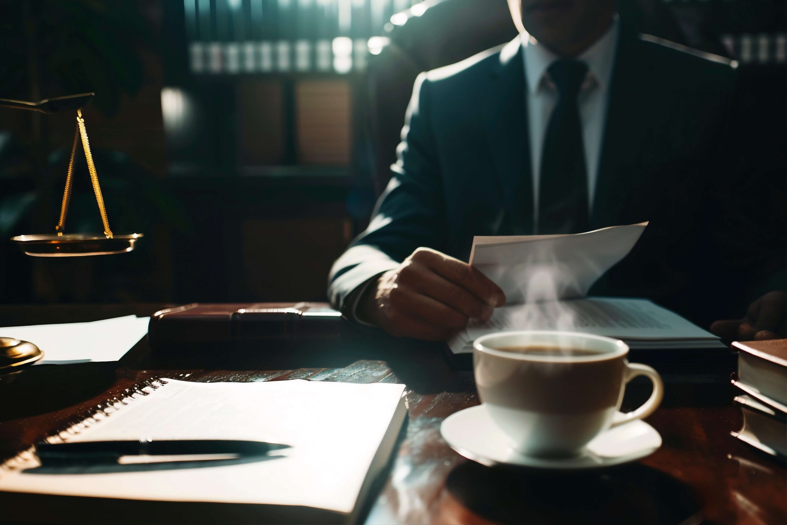 A Business Litigation Lawyer in a suit sits at a desk holding papers, with a steaming cup of coffee, a notebook, a pen, books, and a balance scale arranged neatly on the desk.