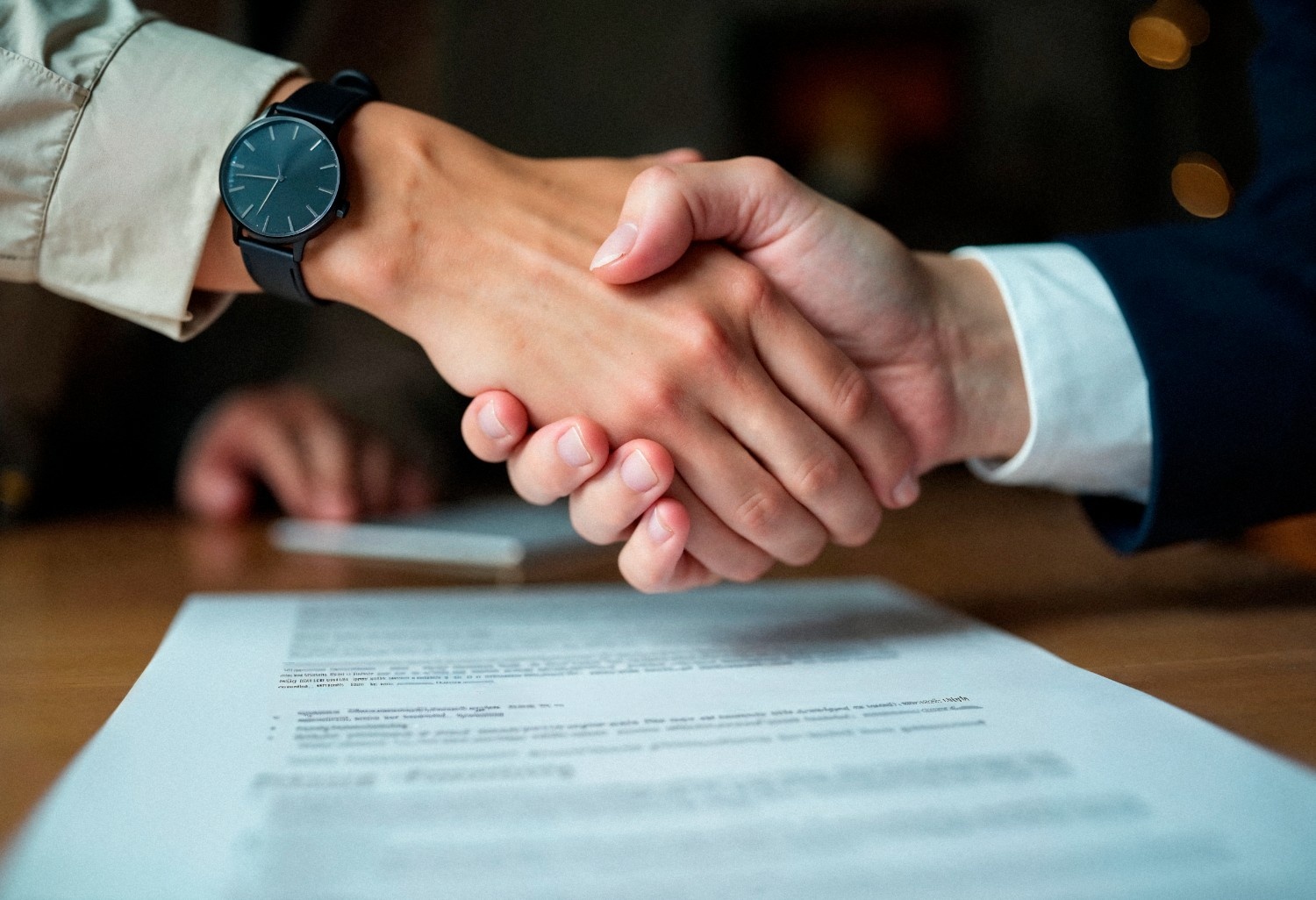 Two people shake hands over a desk with a contract or agreement document in the foreground, highlighting the role of a Purchase and Sale Agreement Lawyer in finalizing important transactions.