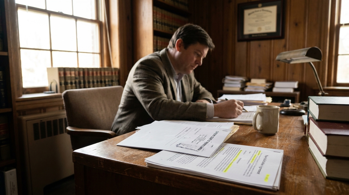 attorney reviewing highlighted legal documents at wood desk surrounded by law books