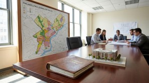 Philadelphia zoning districts map, zoning code book, and development model in conference room