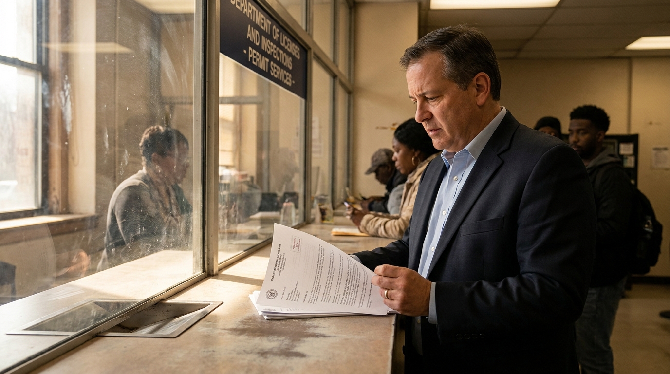man in suit reviewing documents at Department of Licenses and Inspections Permit Services counter