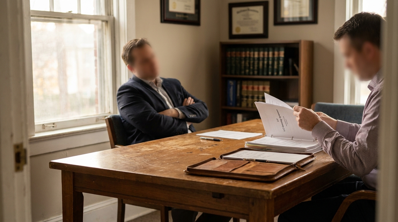 two men reviewing LLC operating agreement documents at wooden desk in law office