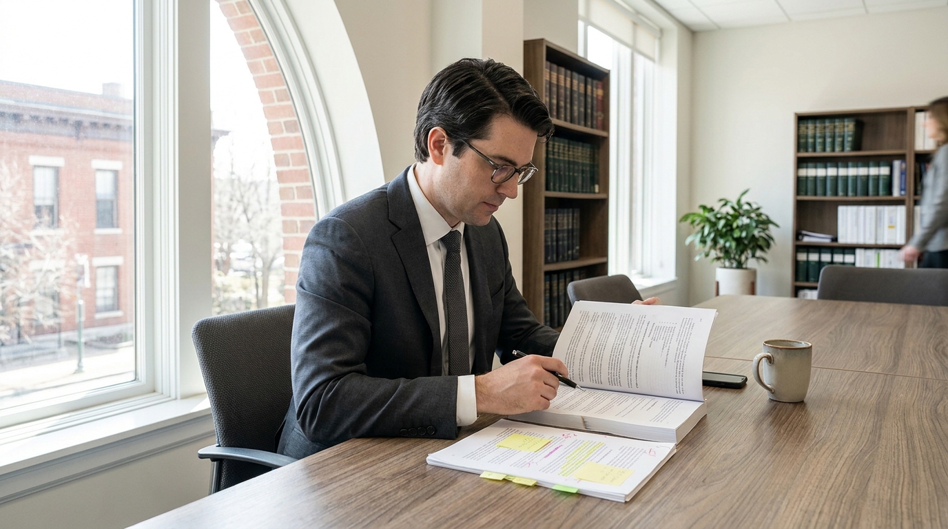 suited attorney reviewing annotated legal documents at conference table with law books