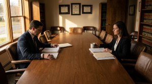 two attorneys reviewing legal documents across conference table with framed certificates on wall