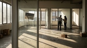 two people touring empty commercial space with For Lease sign on glass