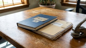 Stock Certificate Register book and Asset Schedule folder on wooden desk