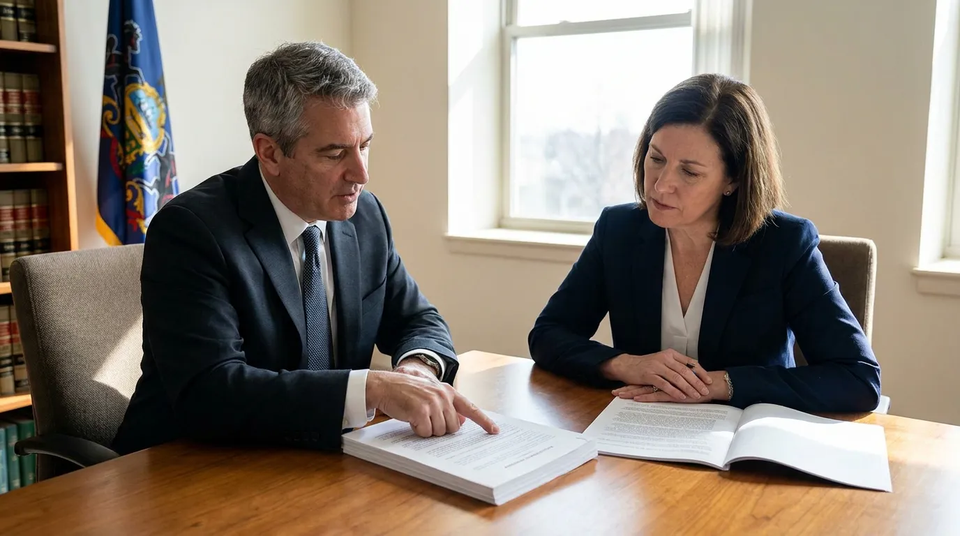 two attorneys reviewing legal documents at office desk with state flag visible
