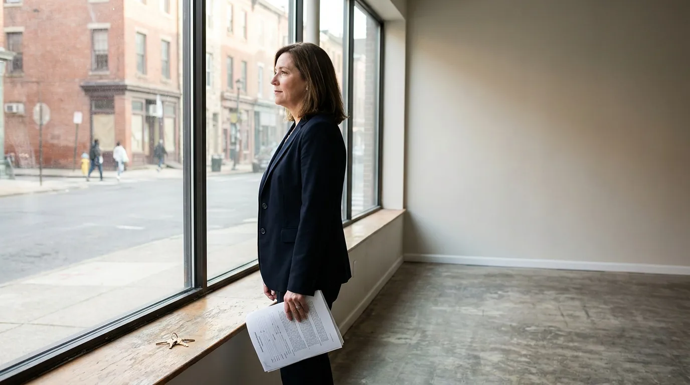 professional woman in blazer holding legal documents gazing out large window