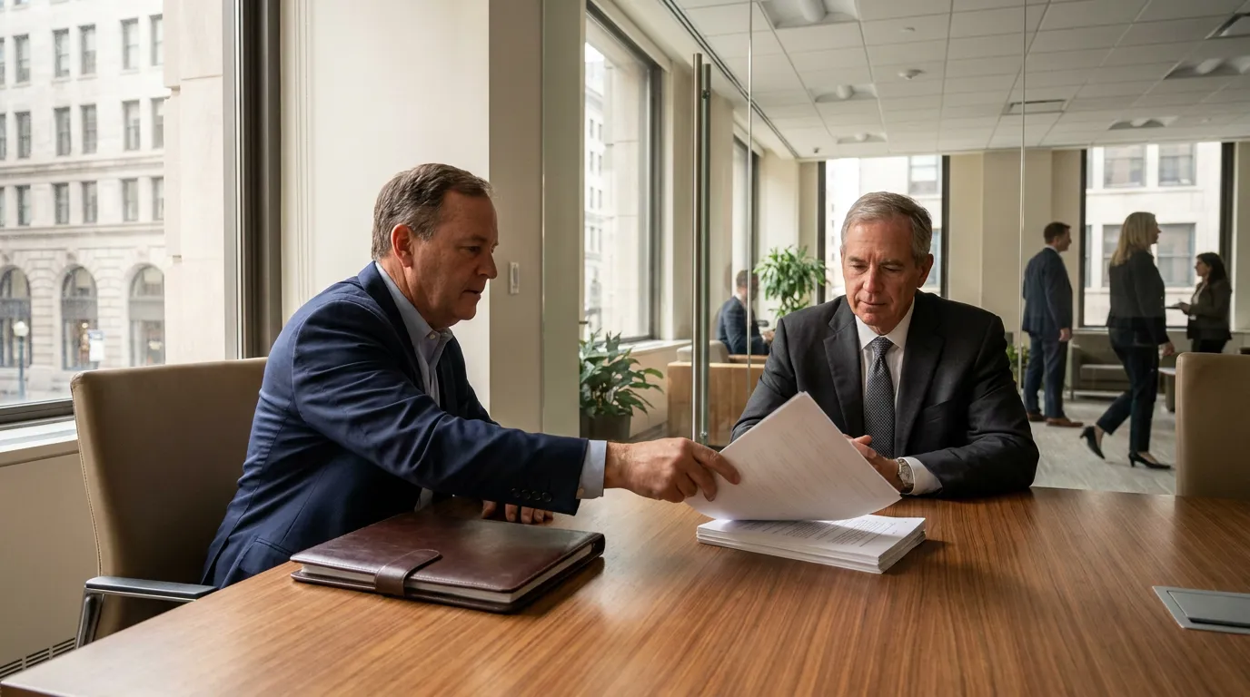 two professionals exchanging legal documents across conference room table in law office