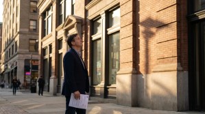 suited man holding legal documents standing outside multi-story brick office building
