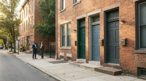 two professionals in suits conversing on sidewalk outside brick row houses