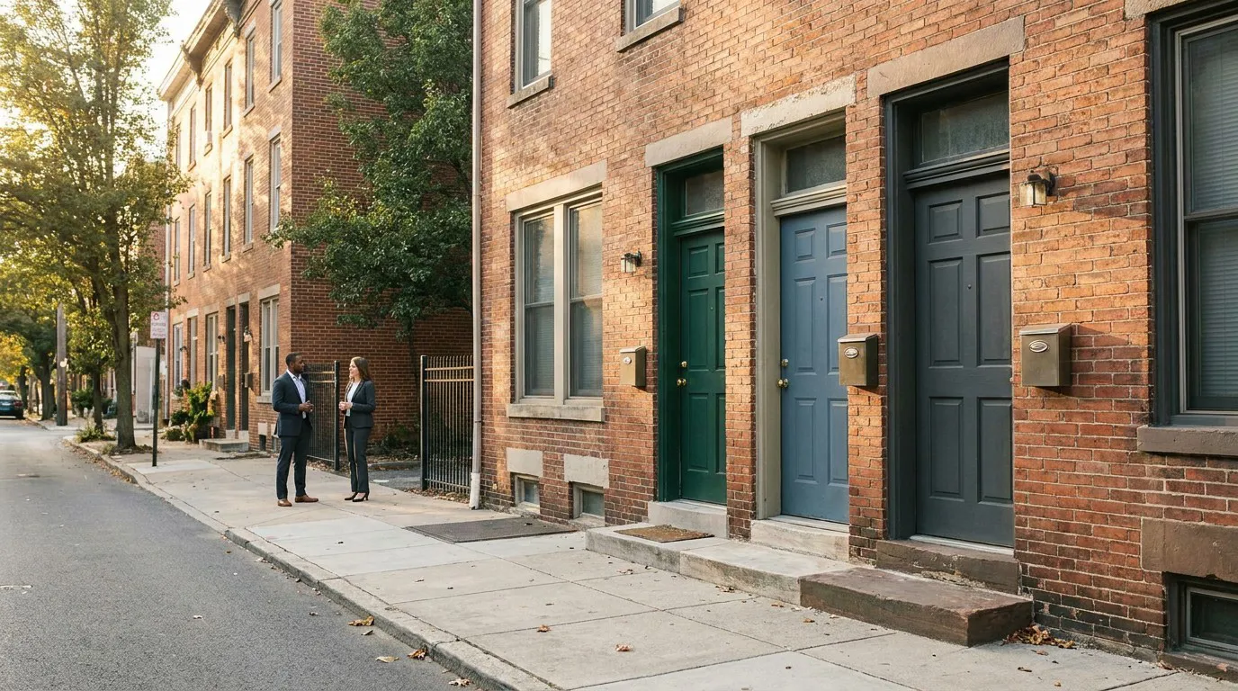 two professionals in suits conversing on sidewalk outside brick row houses