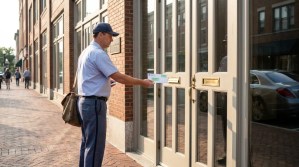 mail carrier delivering envelope through brass door slot of brick building