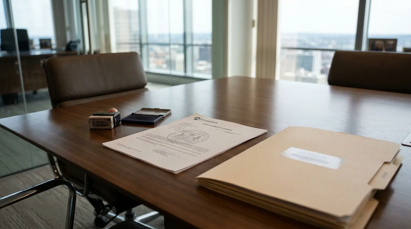 official stamped legal document and manila folder on law firm conference table
