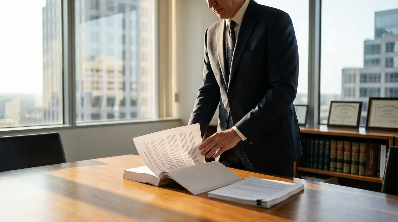 suited attorney reviewing legal documents at office desk with law books behind
