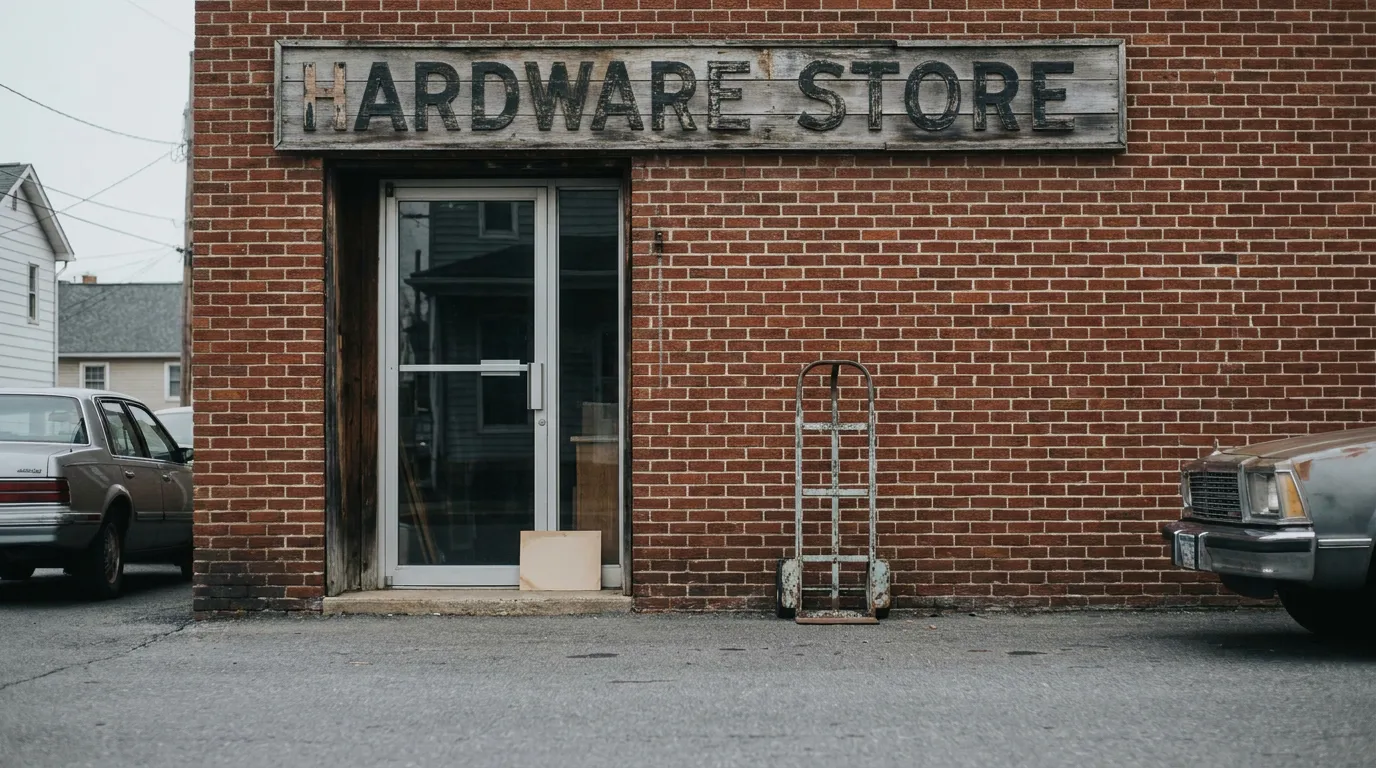 exterior of brick hardware store building with hand truck beside entrance door