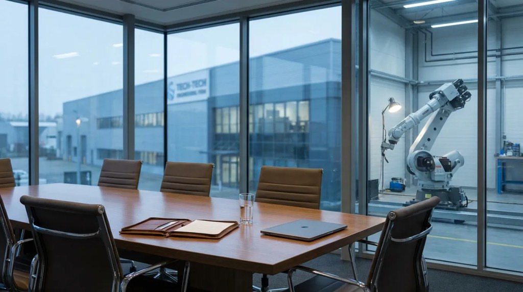 conference room with legal documents, laptop, and industrial robotic arm visible through window