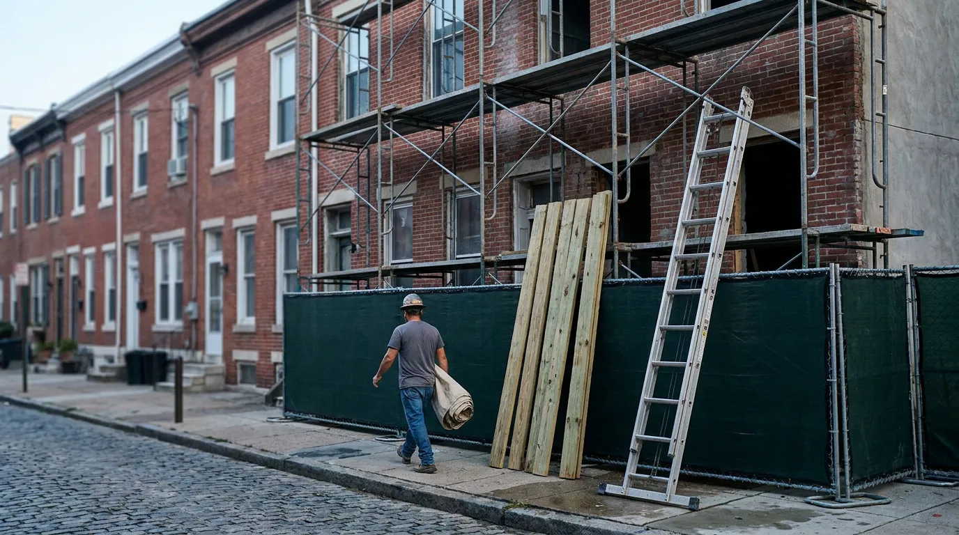 construction worker in hard hat walking past scaffolding on urban brick building