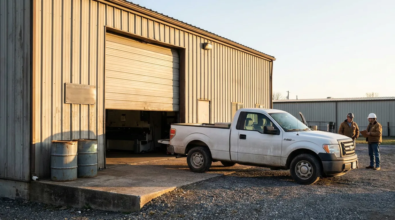 two workers in hard hats standing beside pickup truck outside industrial warehouse